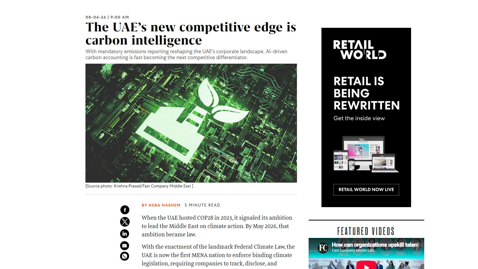 Sumit Agarwal quoted in Fast Company Middle East on carbon intelligence