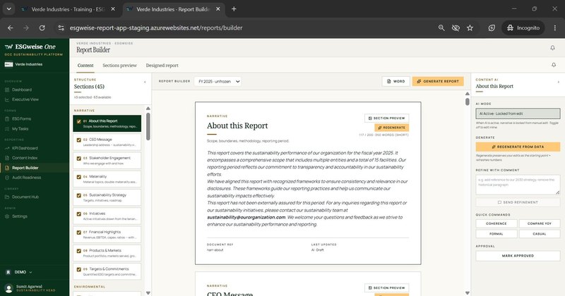 ESGweise One report builder with AI-assisted narrative sections